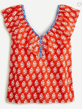 J.Crew Red Floral Ruffled V-Neck Top in block print NWT